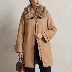 ZARA MANTECO WOOL COAT with Detachable Synthetic Fur Collar Camel S